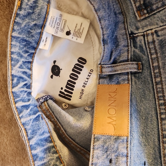 Monki Blue Straight Leg Jeans with Dog Embroidery On Both Knees Sz 30 - Picture 6 of 8